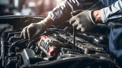 Auto mechanic repairing car, Mechanic Working on a Vehicle in a Car Service. Professional Repairman is Wearing Gloves and Using a Ratchet Underneath the Car. Modern Clean Workshop.