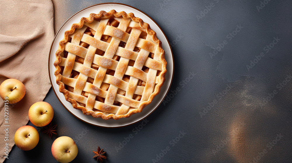 a apple pie imagery in a minimalist photographic approach, top view, with brown background, modern food photography, with empty copy space a apple pie imagery in a minimalist photographic approach, top view, with brown background, modern food photography, with empty copy space