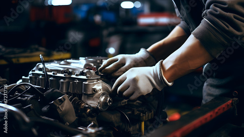 Auto mechanic repairing car, Mechanic Working on a Vehicle in a Car Service. Professional Repairman is Wearing Gloves and Using a Ratchet Underneath the Car. Modern Clean Workshop.