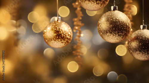 Happy Christmas light decorations in new year night winter background. Ornaments elements gold confetti bokeh color Xmas ornaments Glass ball tree decorations. Christmas glowing golden christmas balls