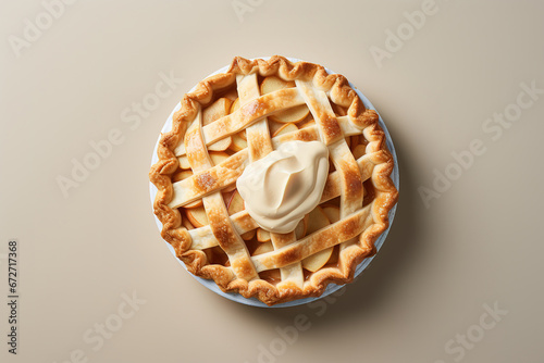 a apple pie imagery in a minimalist photographic approach, top view, with brown background, modern food photography, with empty copy space photo