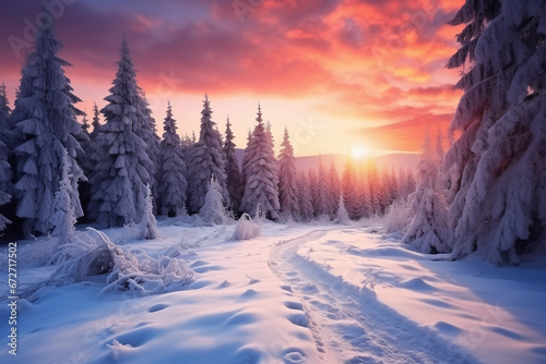 Winter landscape wallpaper with pine forest covered with snow created by generative AI © Nils W.