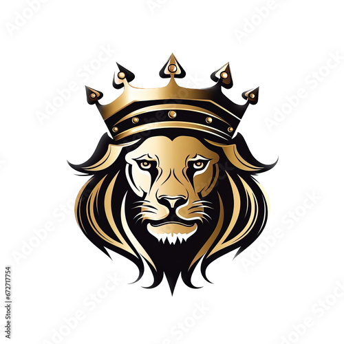 Lion head wearing a crown illustration logo isolated on a white background.