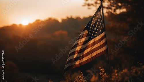 American flag waves in tranquil sunset, symbol of freedom pride generated by AI