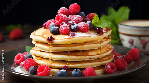 pancake with fresh raspberries and blue berries