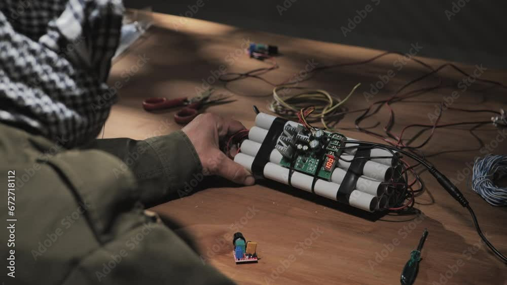 terrorist making building homemade pipe bomb back view,criminal separatist assembling ied explosive device on the table indoor