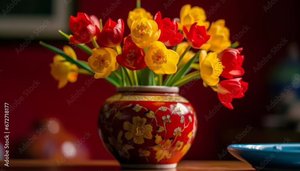 A vibrant bouquet of tulips adds elegance to the home generated by AI