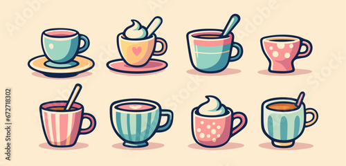 Set of Tea or Coffee Cups. Ceramic Crockery, Various Mugs with Trendy Ornament. Cute trendy crockery with handle for drink. Set of colored mugs filling by beverages isolated. Vector Illustration