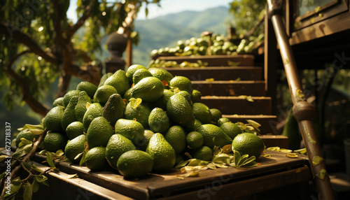 Fresh  ripe citrus fruit on a wooden table in nature generated by AI