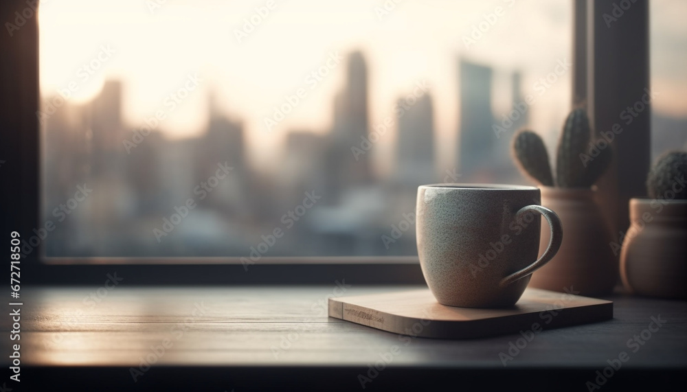 Modern coffee shop design with cityscape background and wooden desk generated by AI Modern coffee shop design with cityscape background and wooden desk generated by AI