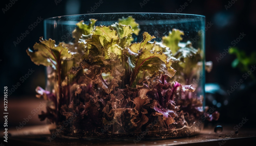 Fresh seafood salad on wooden table, surrounded by nature colors generated by AI