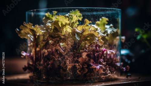 Fresh seafood salad on wooden table  surrounded by nature colors generated by AI