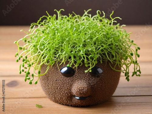 Chia pet, grown chia seed in a pot. unusual gift, Chia Pet Day. Growing chia. Growing microgreen at home. Superfood and healthy vegan food concept