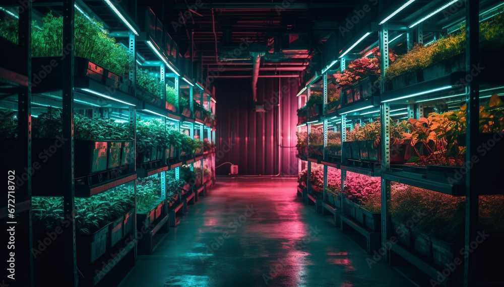 Modern retail store shelves illuminated with fresh food in rows generated by AI