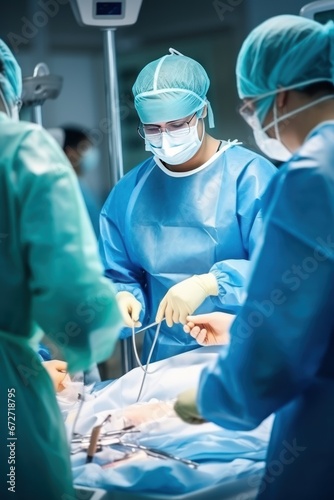 Surgeons in protective uniforms operate with professional equipment on patient in hospital. Responsible position in medical institution. Tense moment and struggle for human life. Vertical photo.