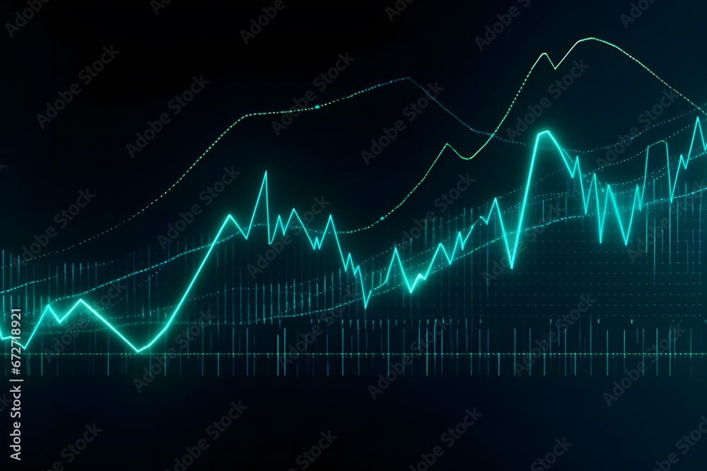 Stock market trading graph and candlestick chart on screen monitor for financial investment and economic concept. Neural network AI generated art