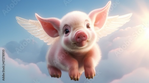 A cute little pig with wings flying in the sky.Generative AI photo