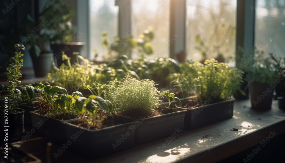 Fresh green seedling in glass pot brings new life indoors generated by AI Fresh green seedling in glass pot brings new life indoors generated by AI