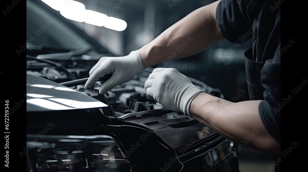 Hand of mechanic holding car service and checking, Customer service guarantee concept.
Hand of mechanic holding car service and checking, Customer service guarantee concept.