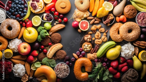 Healthy and unhealthy food background from fruits and vegetables vs fast food, sweets and pastry top view. Diet and detox against calorie and overweight lifestyle concept. 
