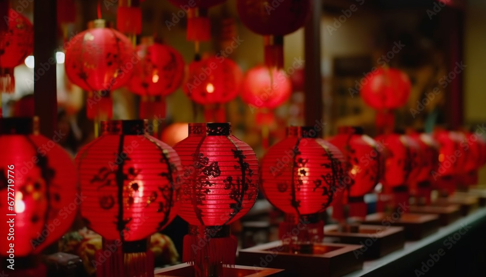 Chinese lanterns illuminate traditional festival, symbolizing spirituality and luck generated by AI