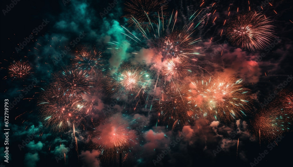 Explosive fireworks illuminate the dark night sky in celebration generated by AI