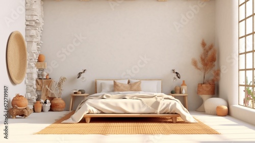Scan dinavian boho bedroom mockup interior with white.Generative AI photo
