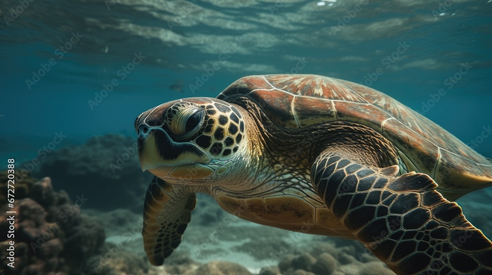 Fototapeta premium Sea turtle low angle close up. 
