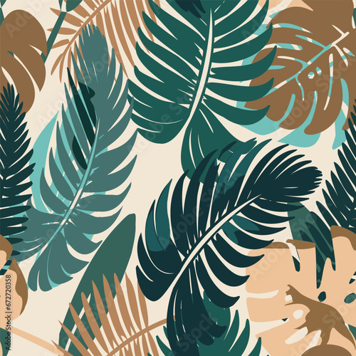 Abstract art nature background vector. Modern palm leaves wallpaper. Boho foliage botanical tropical leaves and floral seamless pattern design for summer sale banner , wall art, prints and fabrics.