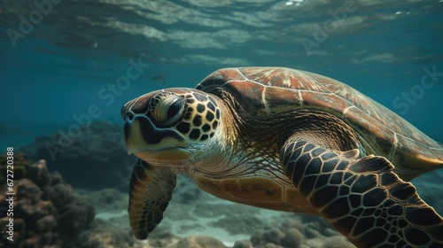 Sea turtle low angle close up. 