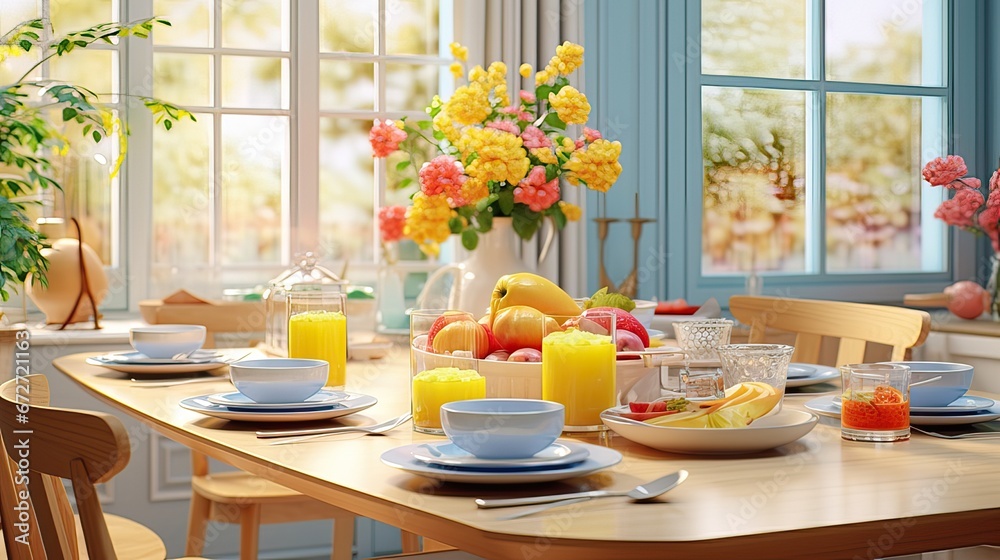 Wooden table set for breakfast with beautiful flowers and decor for eating on a sunny day. Morning atmosphere. Generative AI.