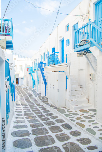 Mykonos  Greece. Wiew of whitewashed cycladic street in beautiful Mykonos town  Cyclades Greek Islands.