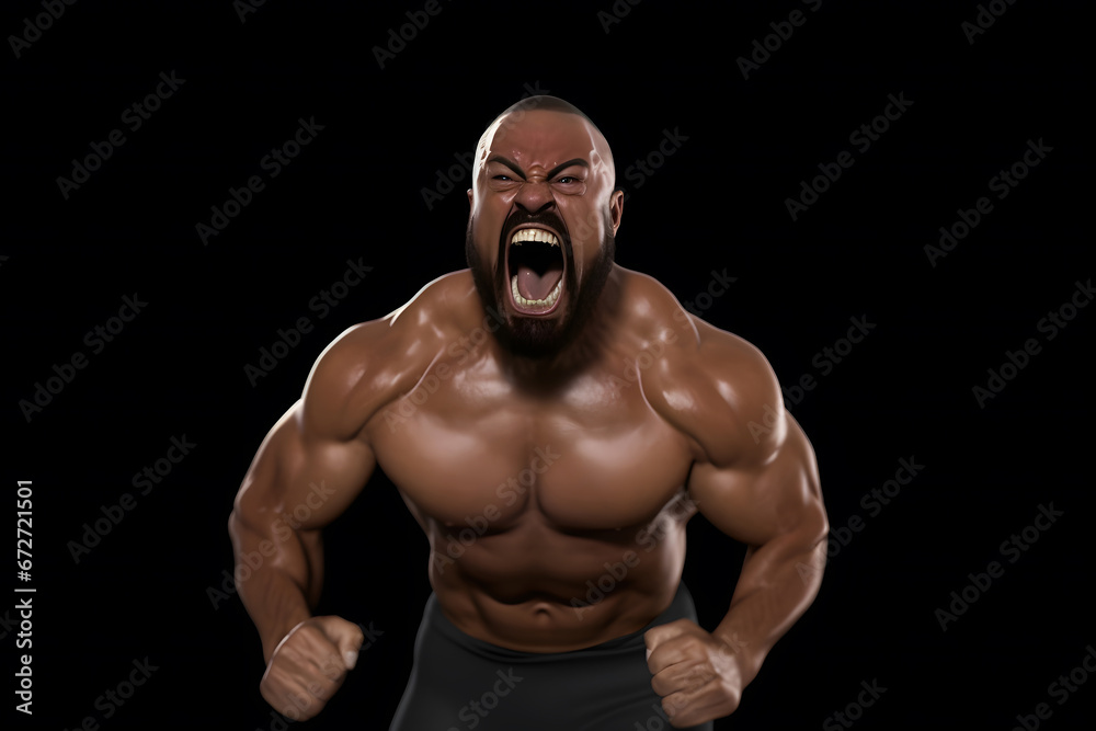 Fototapeta premium bodybuilder athlete screaming on black background. Neural network AI generated art