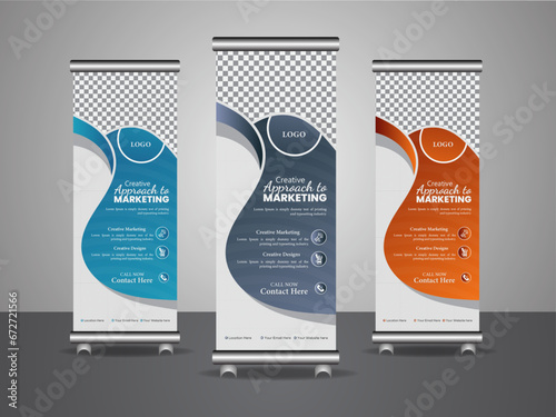 A contemporary roll-up banner design for your company, colorful design, three color variation, Vector illustration editable layout