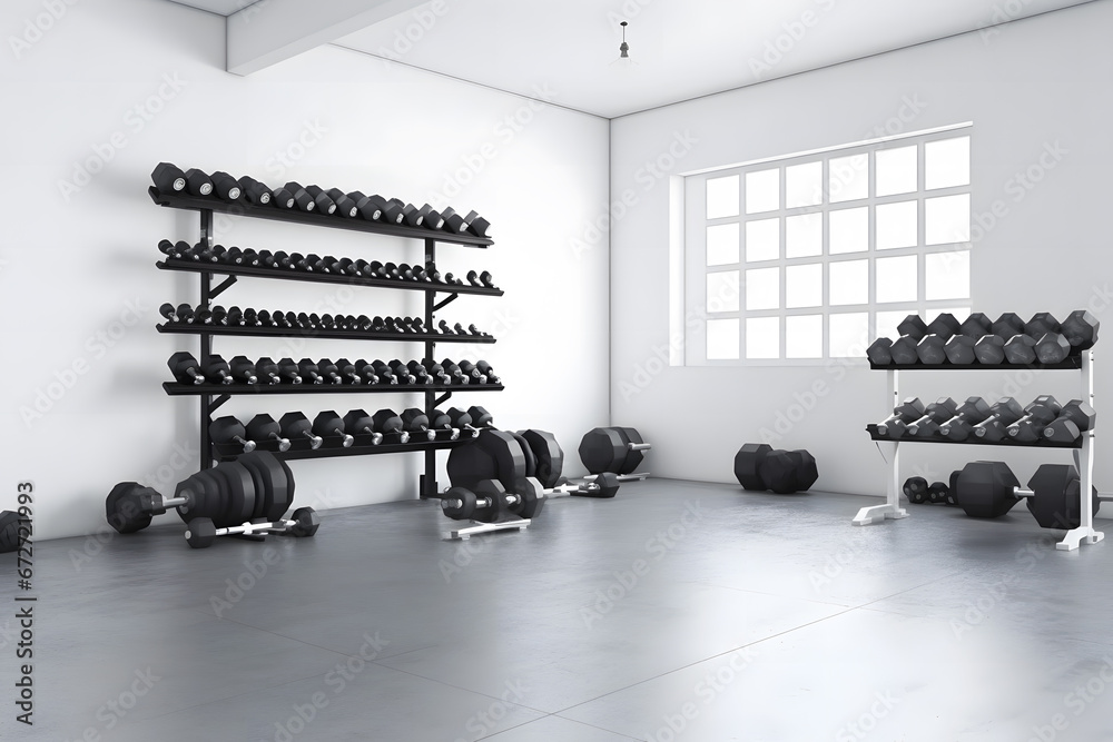 Modern of gym interior with equipment. Sports equipment in the gym. Neural network AI generated art Modern of gym interior with equipment. Sports equipment in the gym. Neural network AI generated art