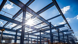 Structure of steel for building construction on sky background., industrial zone steel bridge