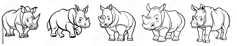 Cute rhino or rhinoceros, simple thick lines kids and preschool children cartoon coloring book pages. Generative AI