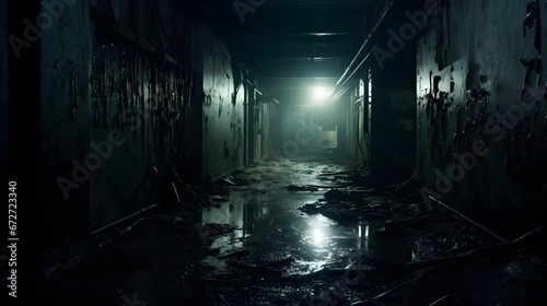 Creepy old shabby corridor of mental hospital with puddles on the floor, horror, dark corridor of abandoned building, abandoned house interior, spooky, scary background