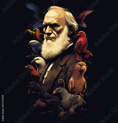 portrait of the scientist Charles Darwin with animals. ai generated photo