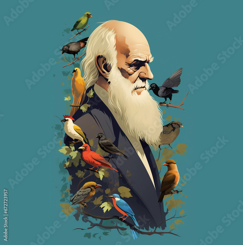Canvas-taulu portrait of the scientist Charles Darwin with animals