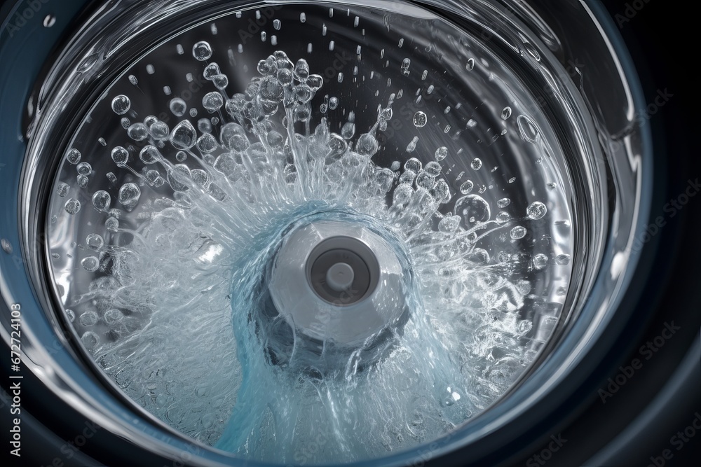 Washing machine drum , clean water flow and splashes inside the washing