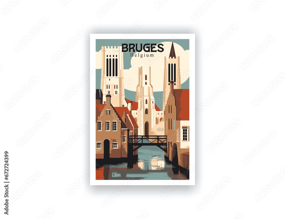 Fototapeta premium Bruges, Belgium. Vintage Travel Posters. Vector art. Famous Tourist Destinations Posters Art Prints Wall Art and Print Set Abstract Travel for Hikers Campers Living Room Decor