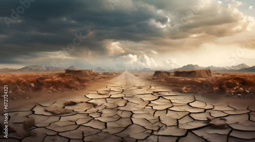 a cracked road with stormy in highway on a deserted desert