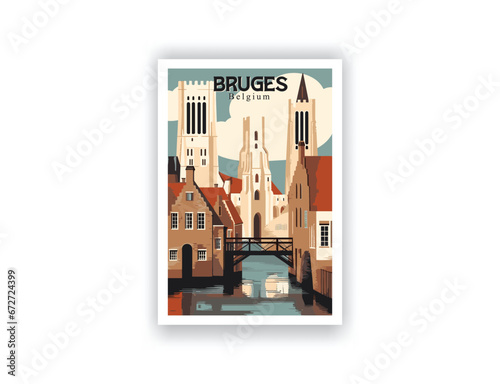 Bruges, Belgium. Vintage Travel Posters. Vector art. Famous Tourist Destinations Posters Art Prints Wall Art and Print Set Abstract Travel for Hikers Campers Living Room Decor