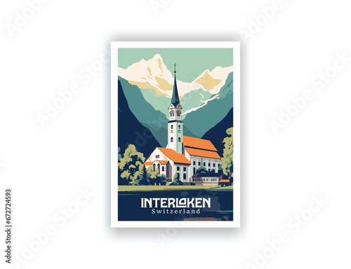 Interlaken, Switzerland. Vintage Travel Posters. Vector art. Famous Tourist Destinations Posters Art Prints Wall Art and Print Set Abstract Travel for Hikers Campers Living Room Decor