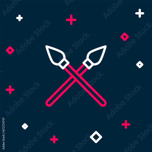 Line Crossed medieval spears icon isolated on blue background. Medieval weapon. Colorful outline concept. Vector