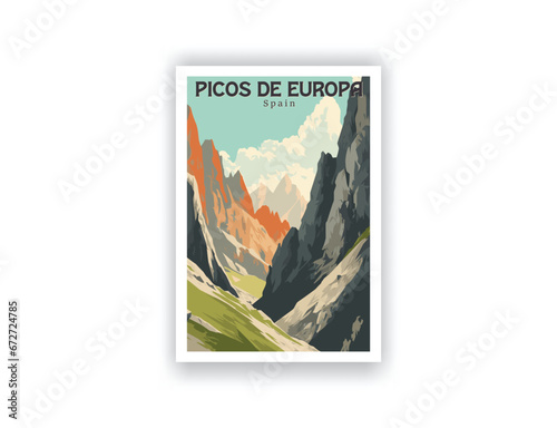 Picos de Europa  Spain. Vintage Travel Posters. Vector art. Famous Tourist Destinations Posters Art Prints Wall Art and Print Set Abstract Travel for Hikers Campers Living Room Decor