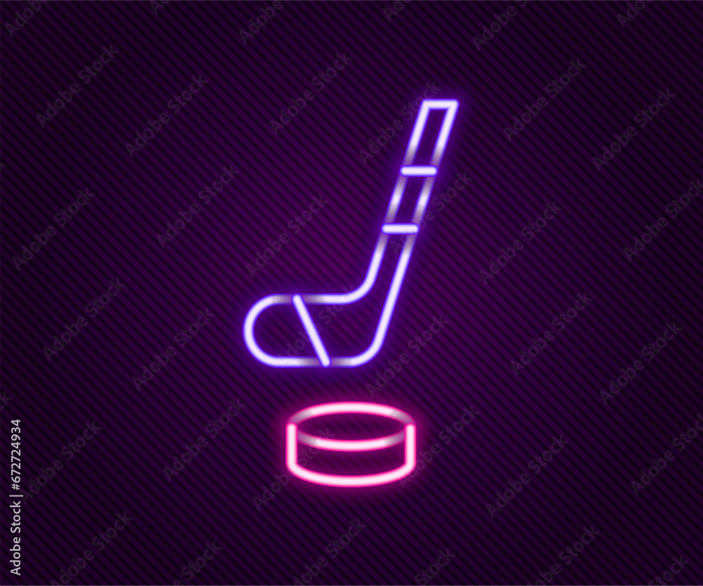 Glowing neon line Ice hockey stick and puck icon isolated on black background. Colorful outline concept. Vector Glowing neon line Ice hockey stick and puck icon isolated on black background. Colorful outline concept. Vector