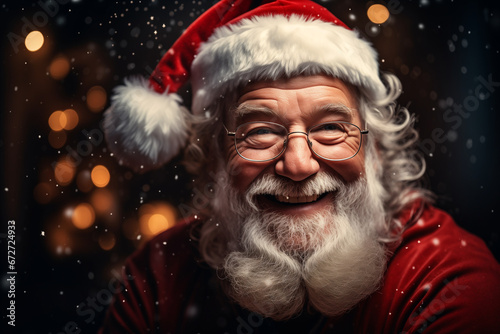 portrait of surprised smiling santa claus at christmas night.