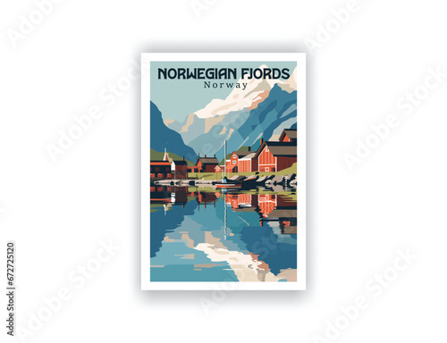 The Norwegian Fjords, Norway. Vintage Travel Posters. Vector art. Famous Tourist Destinations Posters Art Prints Wall Art and Print Set Abstract Travel for Hikers Campers Living Room Decor